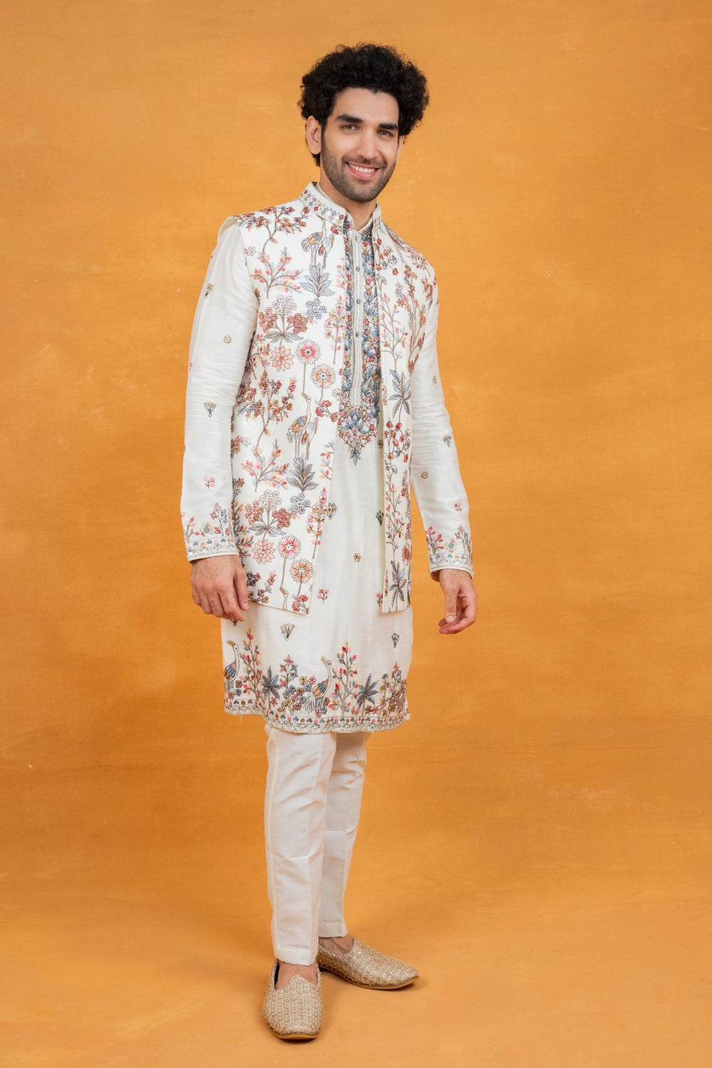 White silk open koti set with multicolour floral thread embroidery