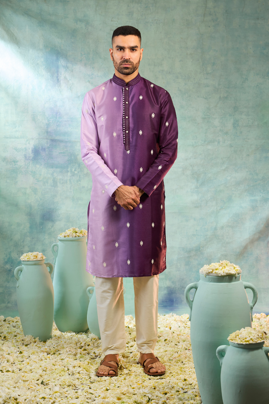 Purple silk kurta set with ombre effect and white motifs