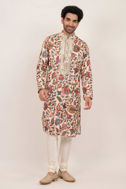 Multicolour resham embroidered satin lenin kurta set with kasab and mirror work