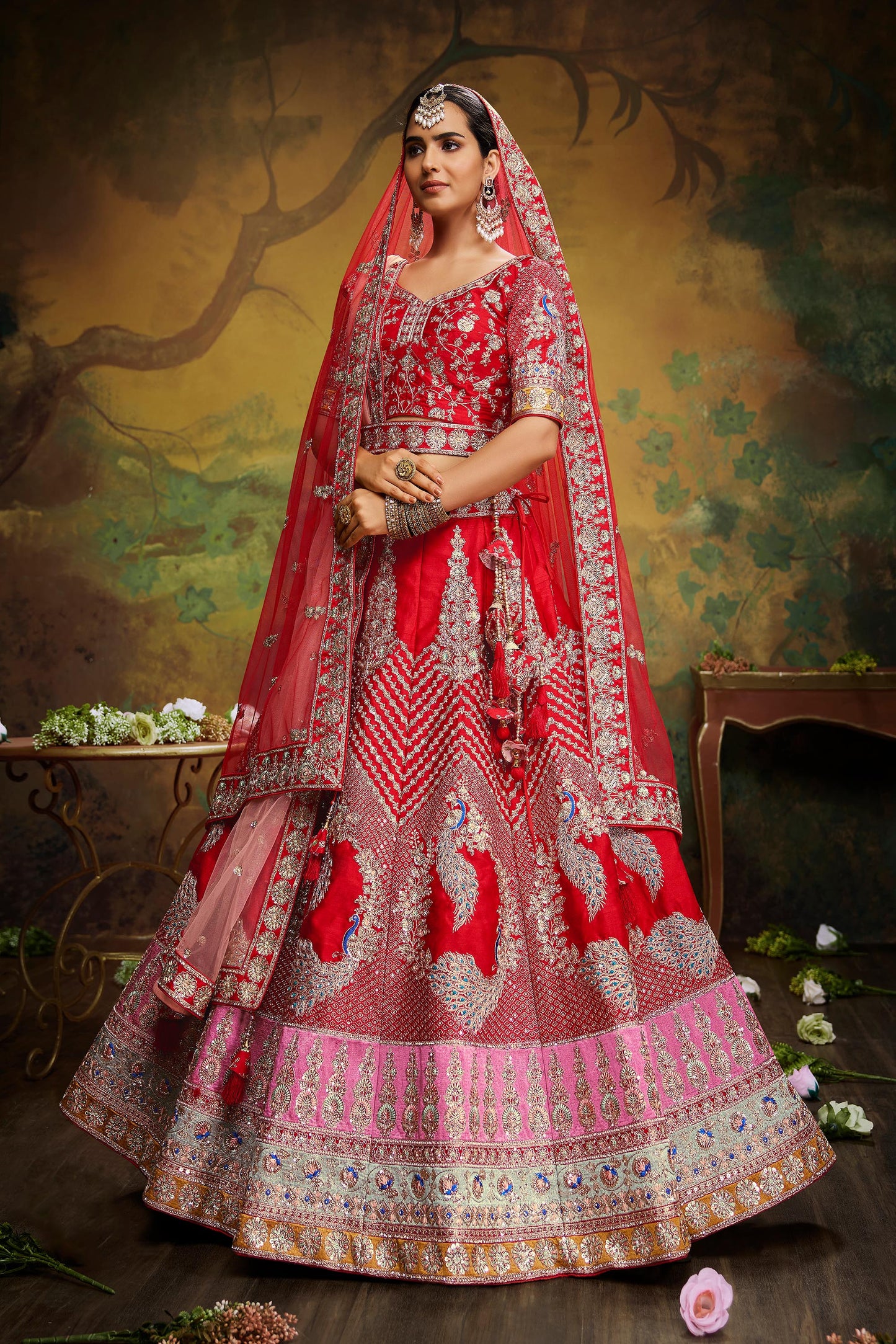 Red Pure Silk Moti & Zarkan heavy embroidery Lehenga