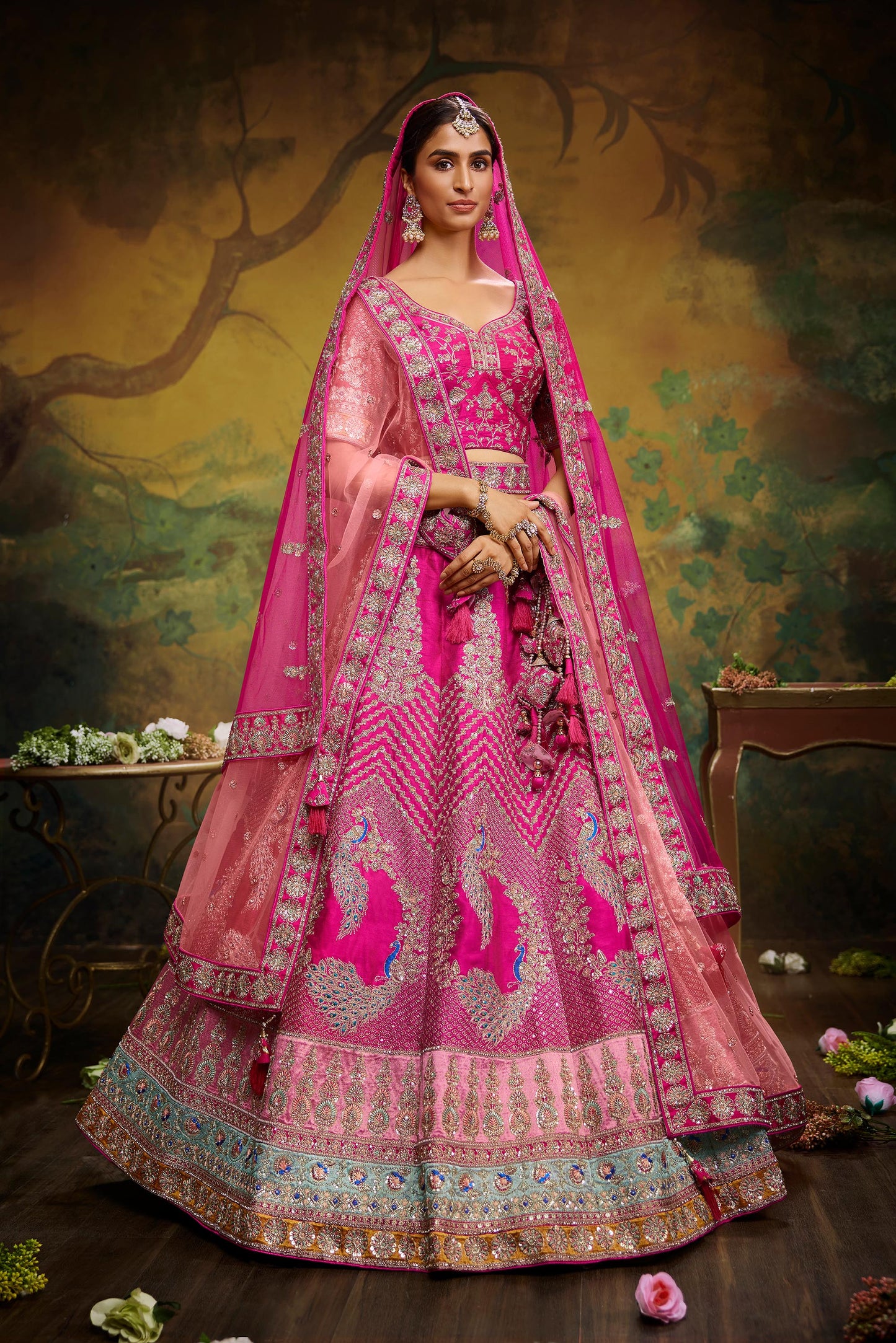 Pink Pure Silk Moti & Zarkan heavy embroidery Lehenga