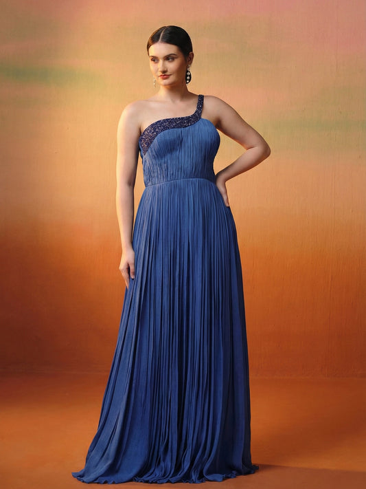 Blue One-Shoulder Pure Chinnon Party Wear Pleated Gown