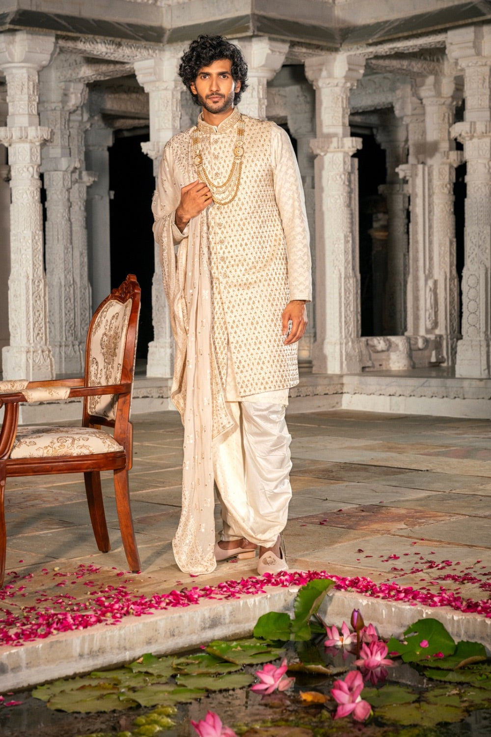 Ivory silk sherwani with hand and machine work