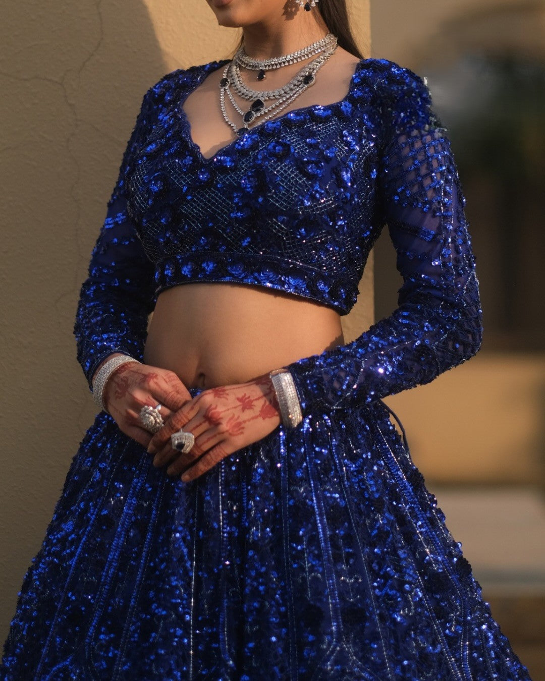 Royal Blue Net with Floral Embellishments Wedding Lehenga for Sangeet