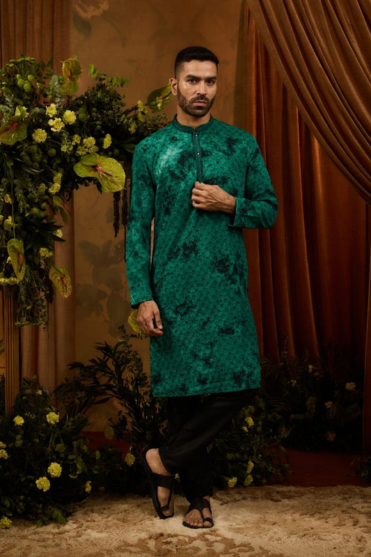 Green silk kurta pajama set with thread work