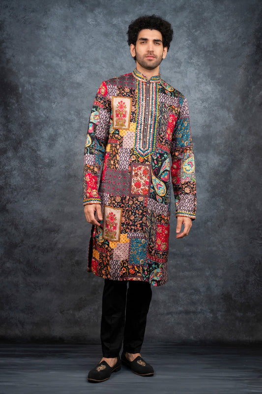 Multicolour splendid silk kurta set with resham embroidery and mirror work