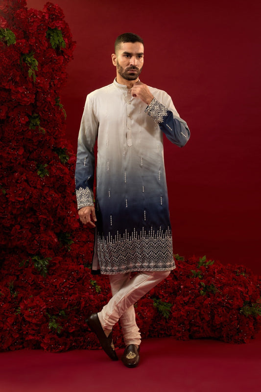 White and navy blue ombre silk kurta with machine work