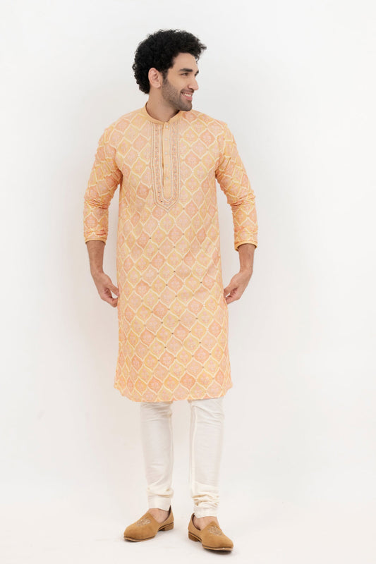 Light orange lucknowi position print kurta set with morror and thread work on yoke