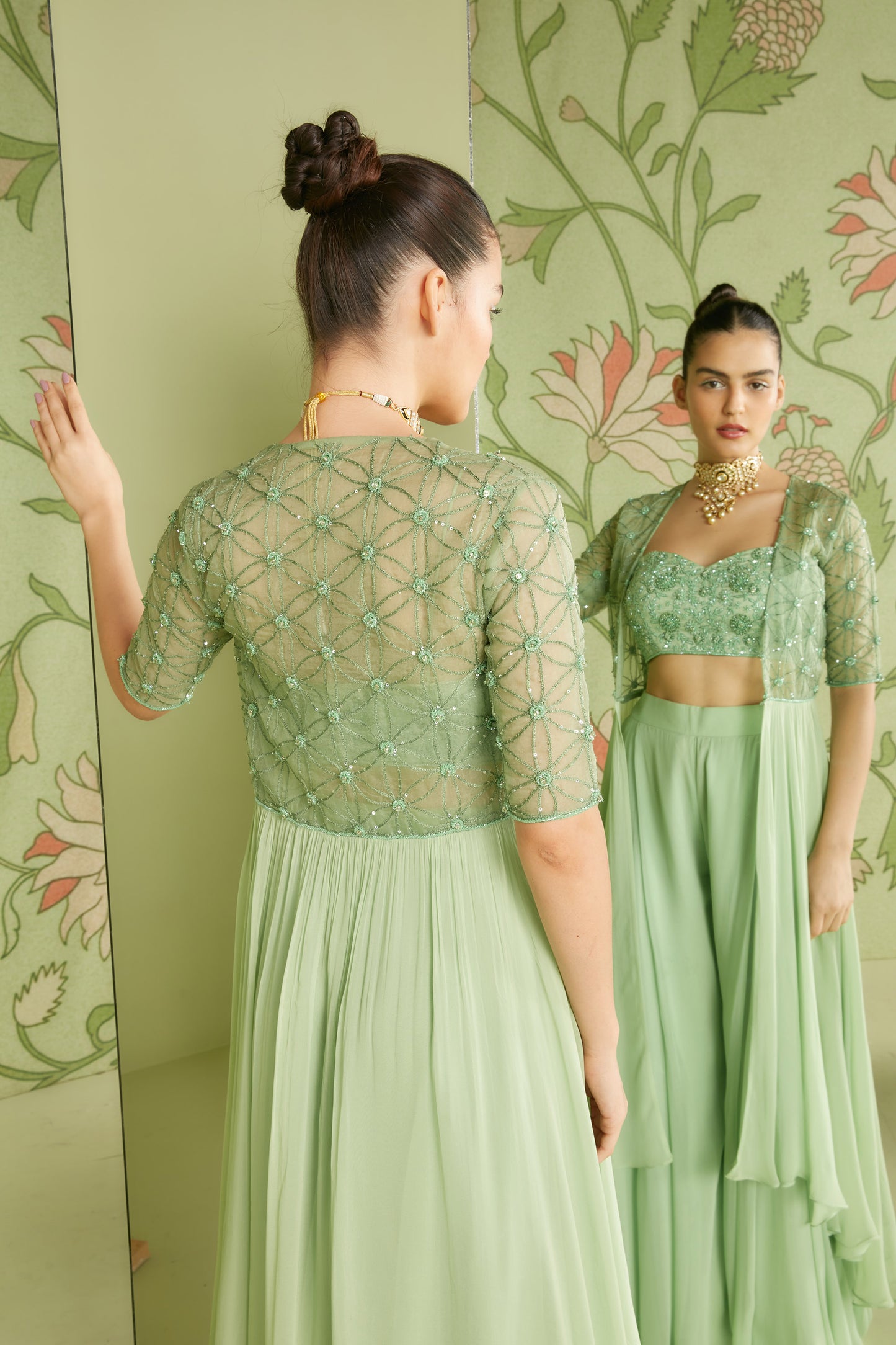 Indo Western Georgette Sage Green Hunar Jacket Set