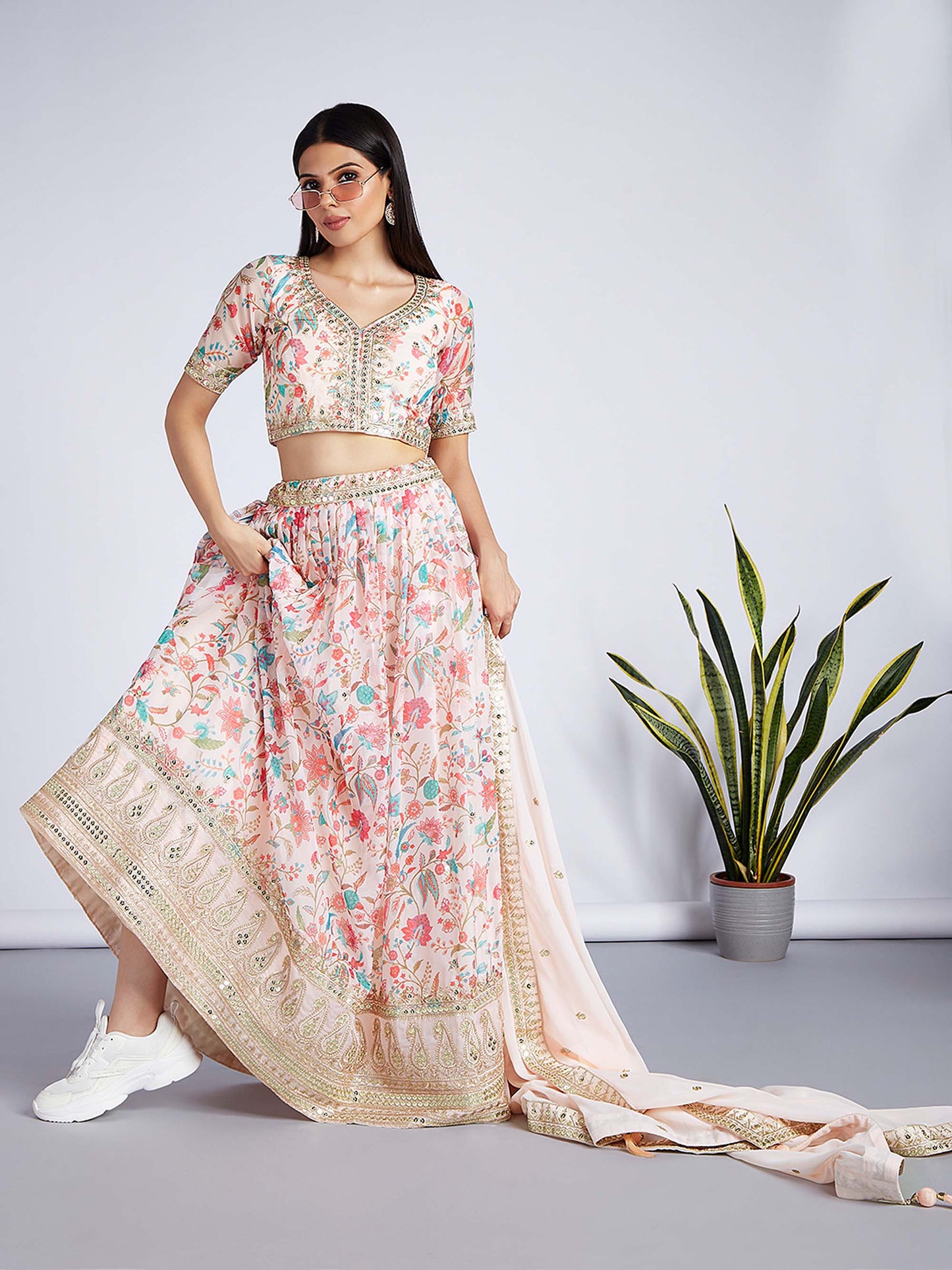 Cream Organza Floral design digital print Lehenga