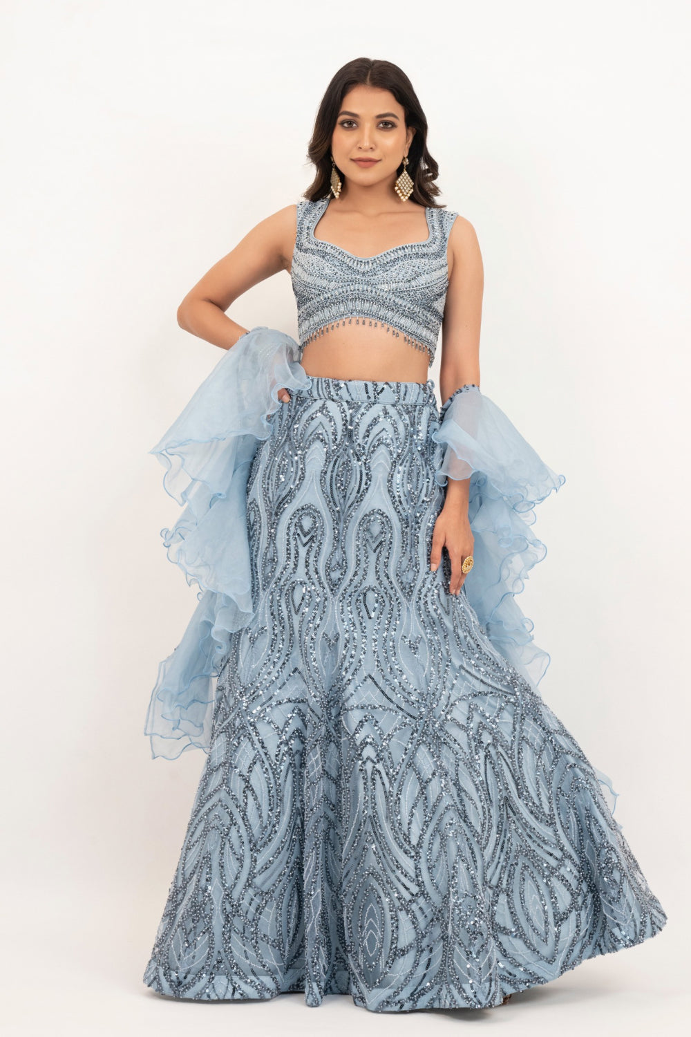 Powder Blue net lehenga choli with Sequins and hand cut dana work
