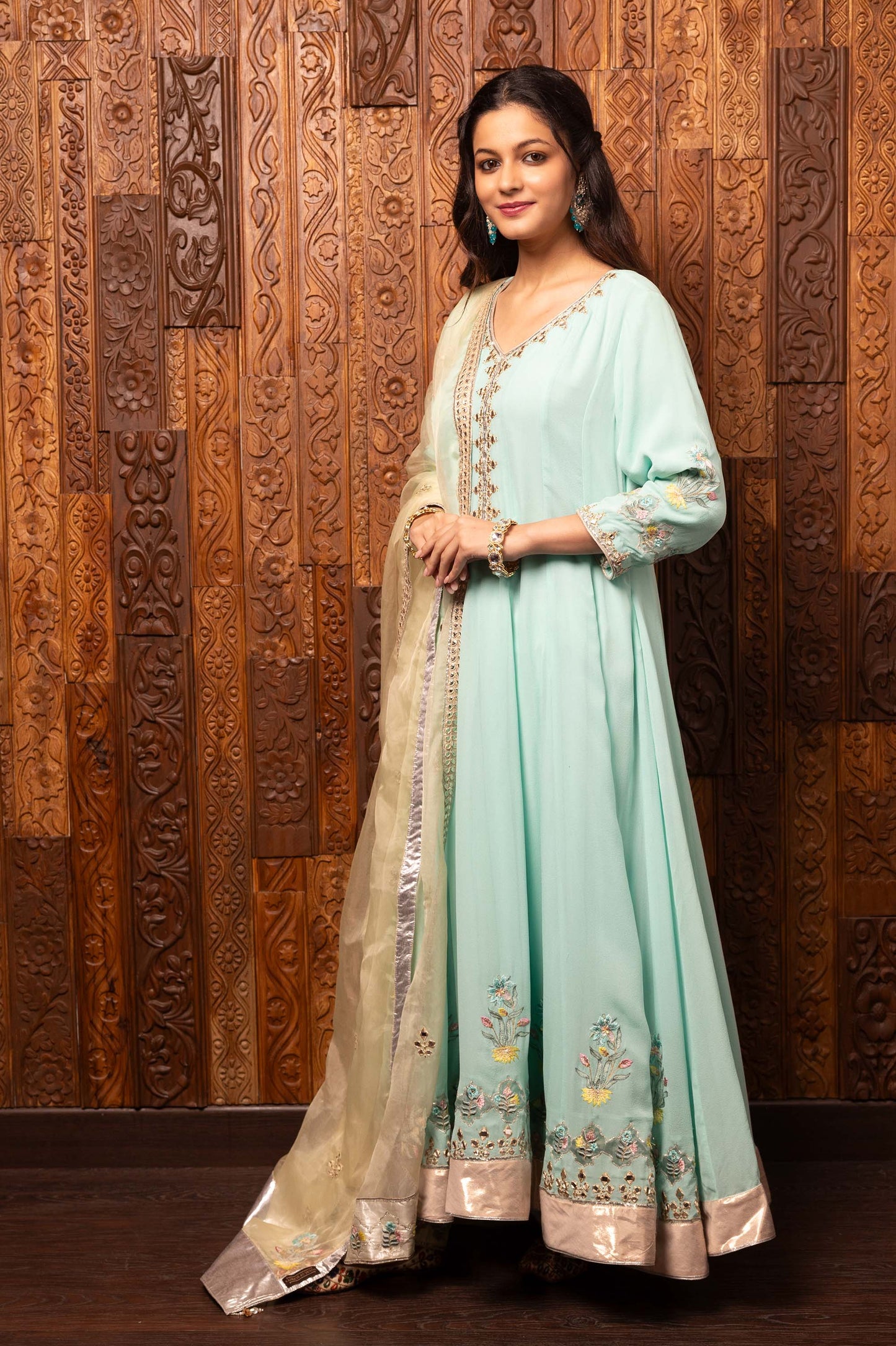 Tales of grace Turquoise Georgette Embroidered Party Anarkali