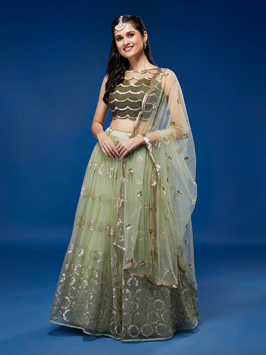 Lime Green Net Embroideried Round Sequins Lehenga