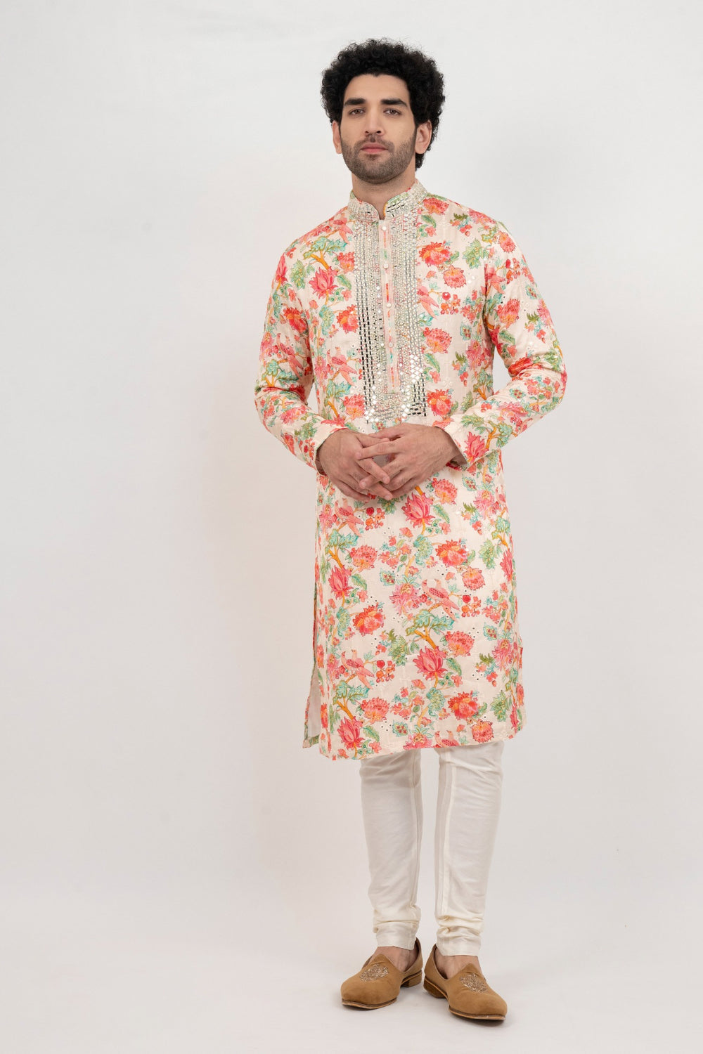 Multicolour resham embroidered satin linen kurta set with with kasab and mirror work