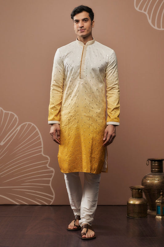 White-yellow ombre silk kurta set with hand and machine work