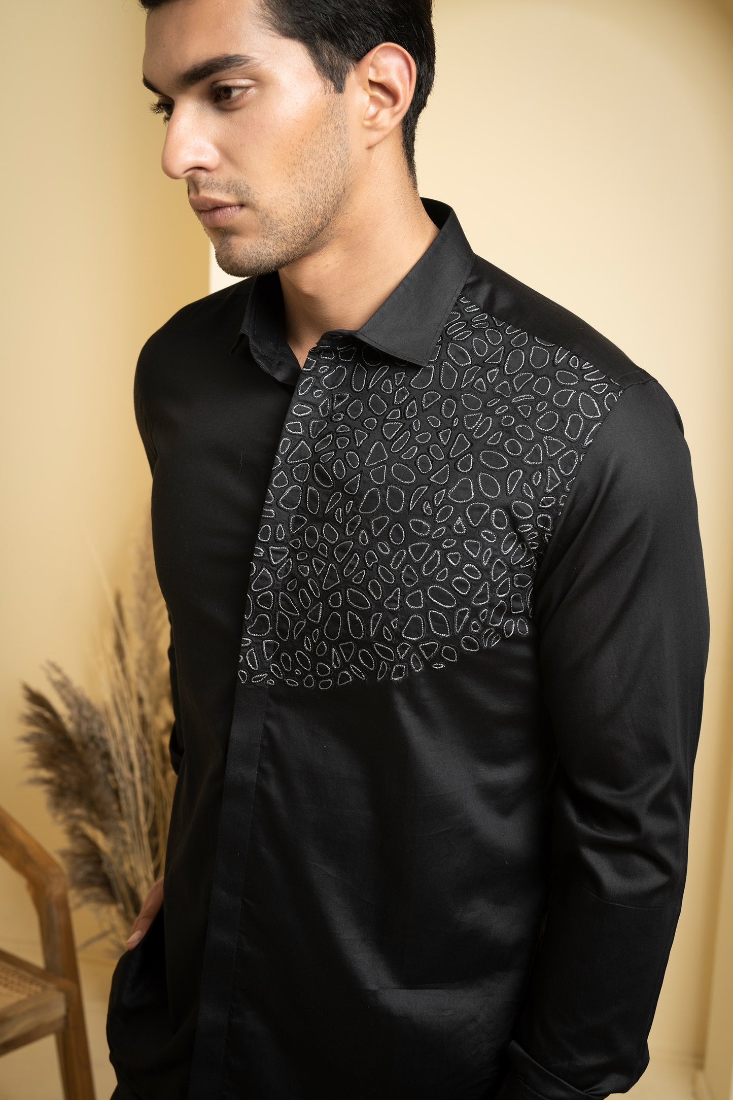 Black Giza Cotton Distorted Plain Shirt