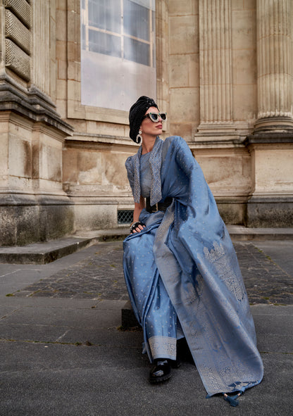 Blue Kamzah Silk Pure Satin Nylon Handloom saree