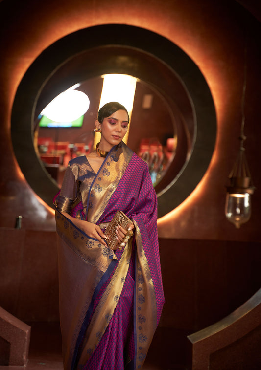 Purple Kurveen Silk Self Contrast Handloom Saree