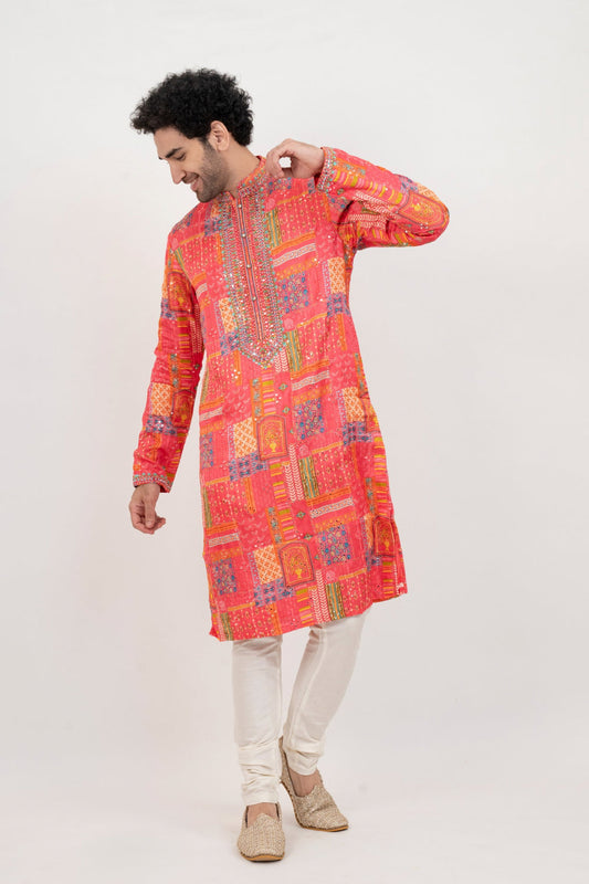 Salmon pink resham embroidered satin lenin kurta set with kasab and mirror work
