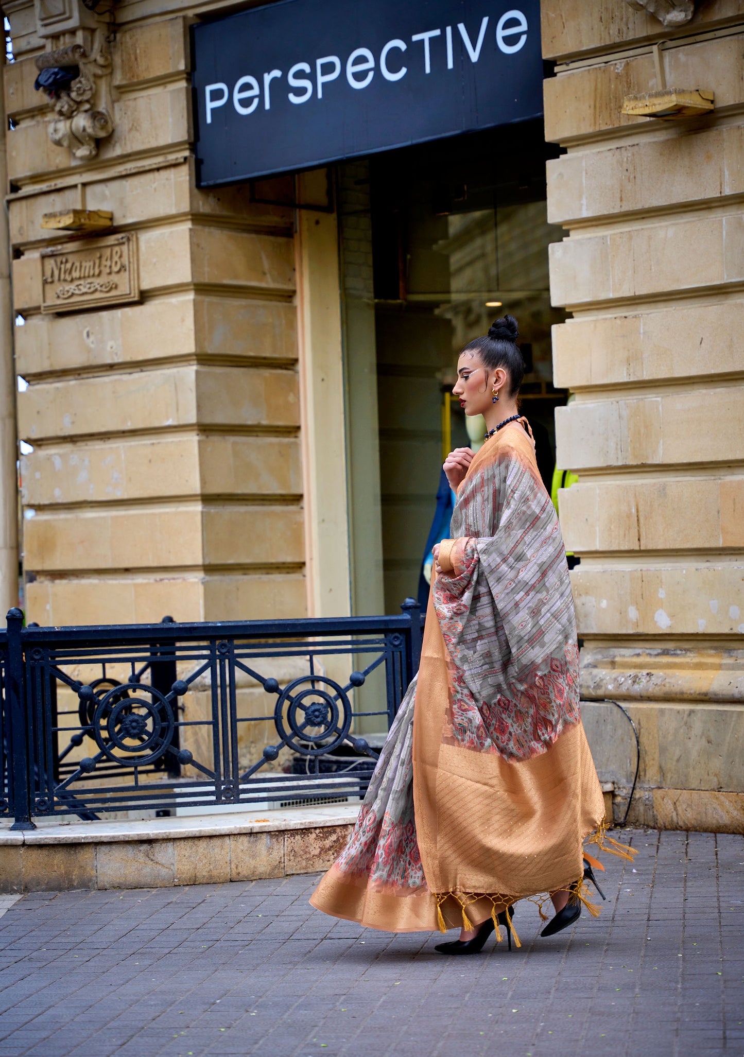Gold and Bronze Kinsel Printed Poly Handloom Saree