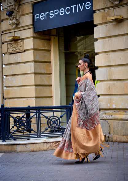 Gold and Bronze Kinsel Printed Poly Handloom Saree
