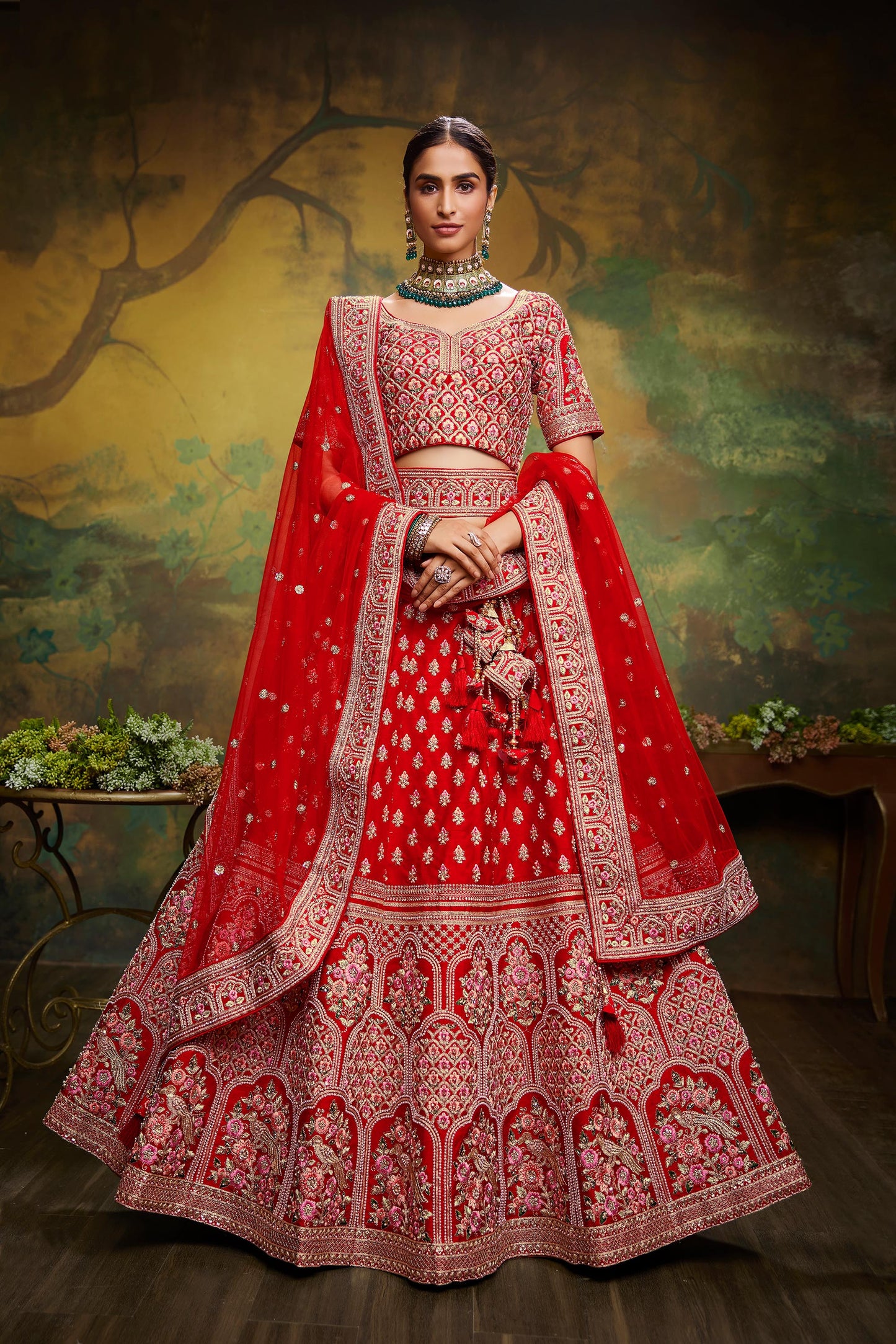 Red Pure Silk Moti & Zarkan heavy embroidery Semi-Stitched Lehenga choli & Dupatta