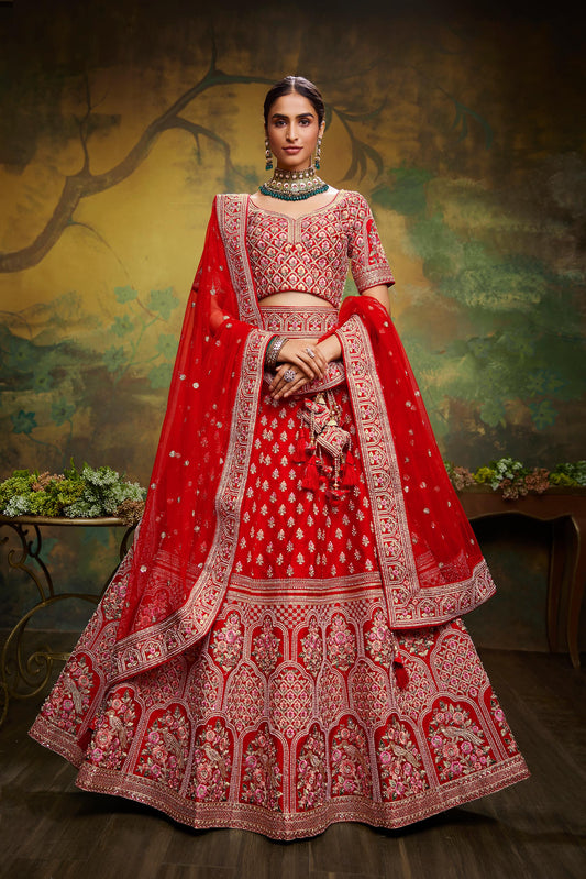 Red Pure Silk Moti & Zarkan heavy embroidery Semi-Stitched Lehenga choli & Dupatta