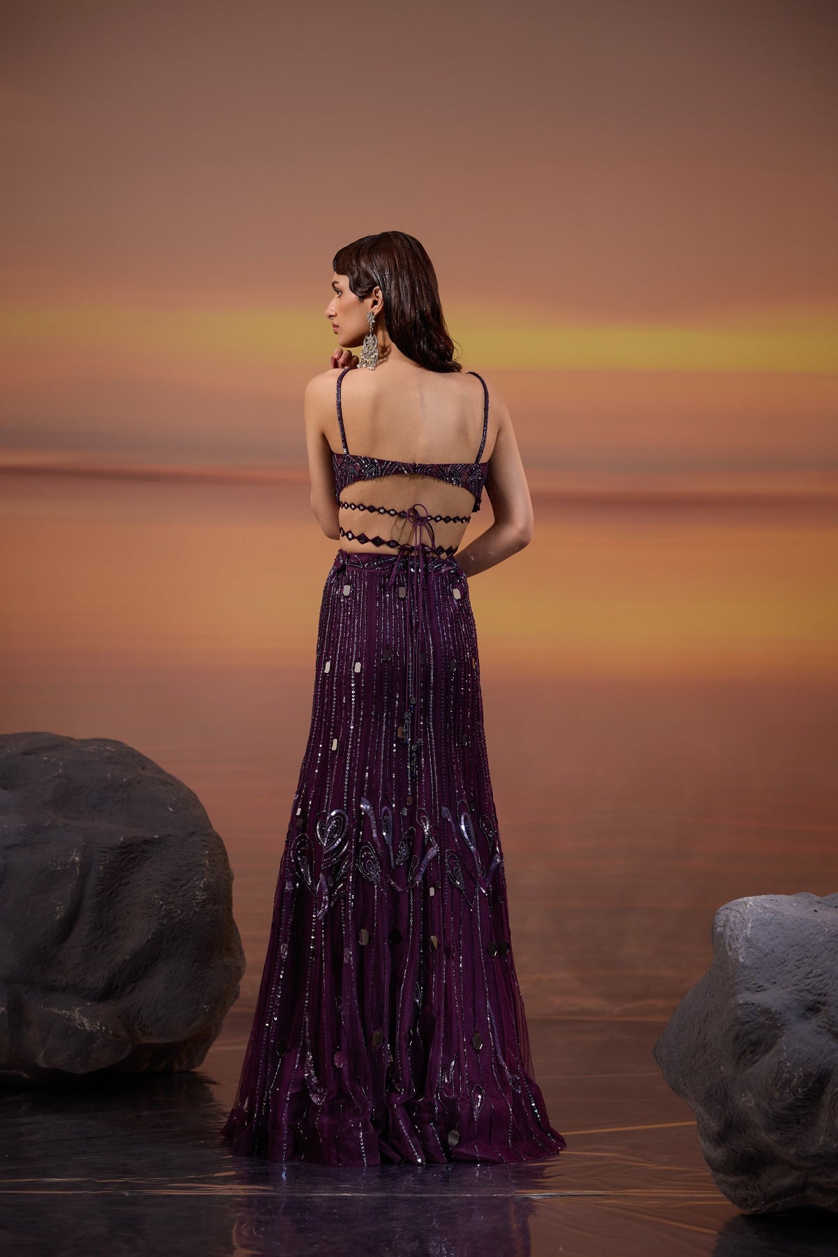 Dark Purple Heavy Mirror & Bead Embellished Tulle Bridal Lehenga for Sangeet