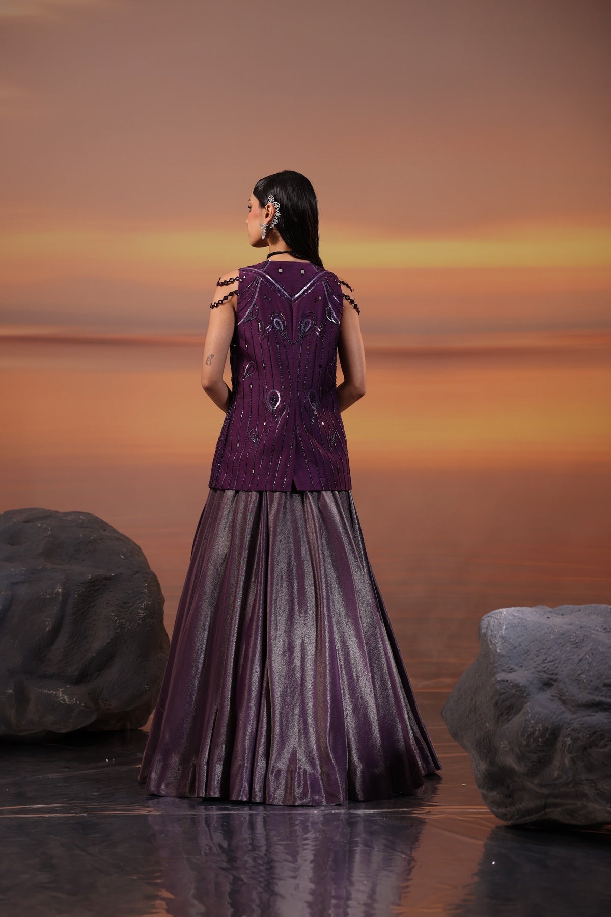 Dark Purple Sequins Embellished Jacket with Tissue Lehenga Set