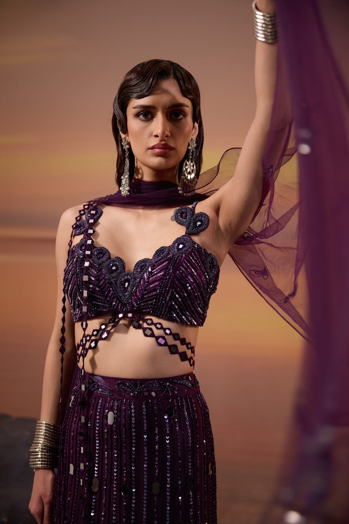 Dark Purple Heavy Mirror & Bead Embellished Tulle Bridal Lehenga for Sangeet