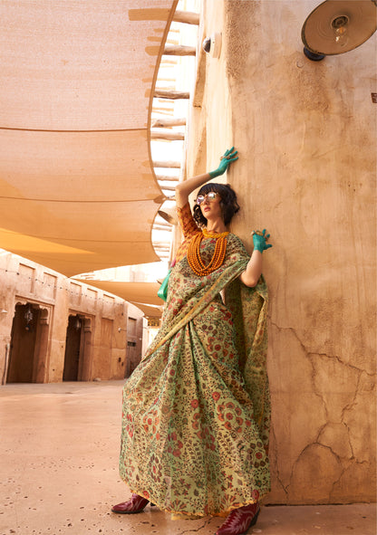 olive Green Komet Printed Zari Handloom Tissue Saree