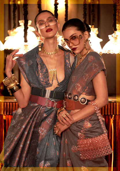 Dark Grey Klassima Linen Pure Linen Zari woven saree