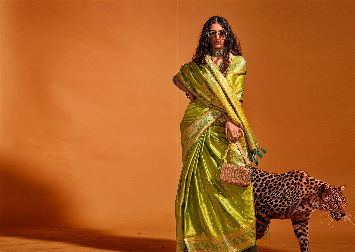 Emerald Green Karnaal Pure Satin Handloom Silk Saree