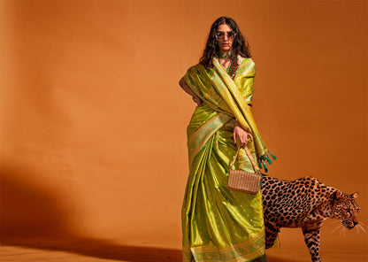 Emerald Green Karnaal Pure Satin Handloom Silk Saree