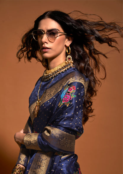 Navy Blue Khalissi Silk Satin Handloom Saree
