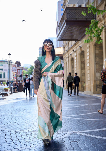 Green Beige Klora Satin Crepe Digital Print Saree