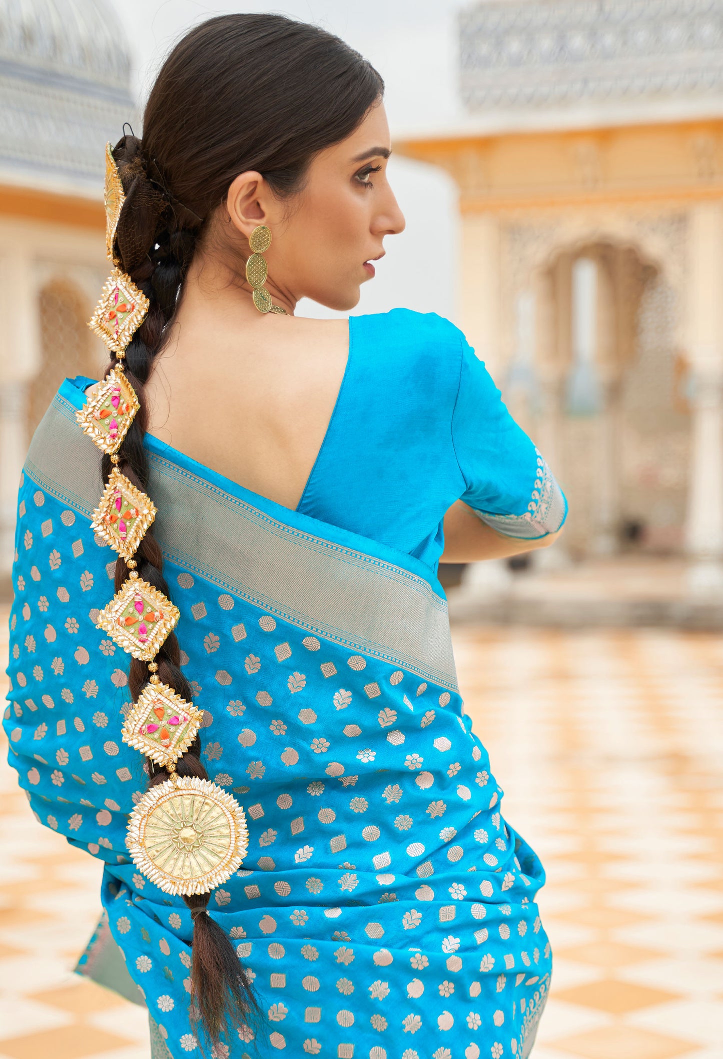 Sky Blue Khadi Georgette Nylon Handloom Saree