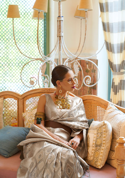 Silver Kalki Multi Tissue Zari Handloom Saree