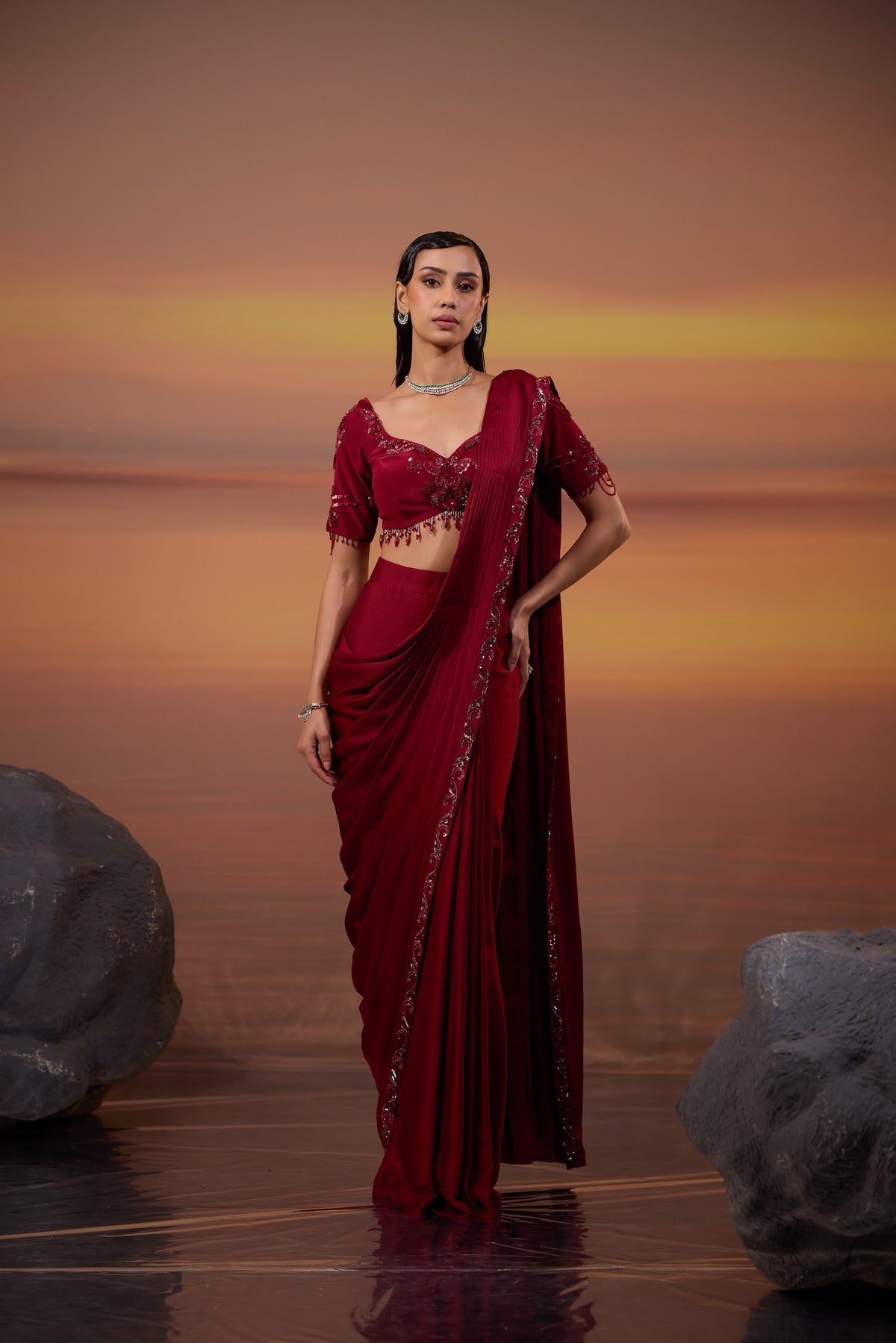 Dark Maroon Sequins Embroidered Chiffon Satin Party Wear Drape Saree Set