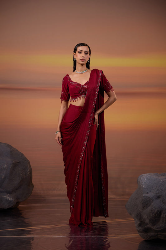 Dark Maroon Sequins Embroidered Chiffon Satin Party Wear Drape Saree Set
