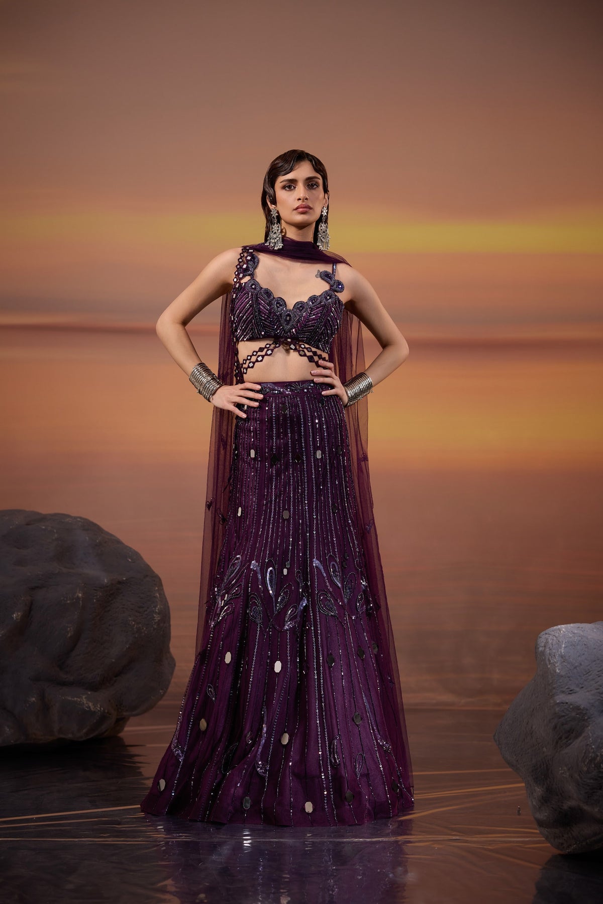 Dark Purple Heavy Mirror & Bead Embellished Tulle Bridal Lehenga for Sangeet