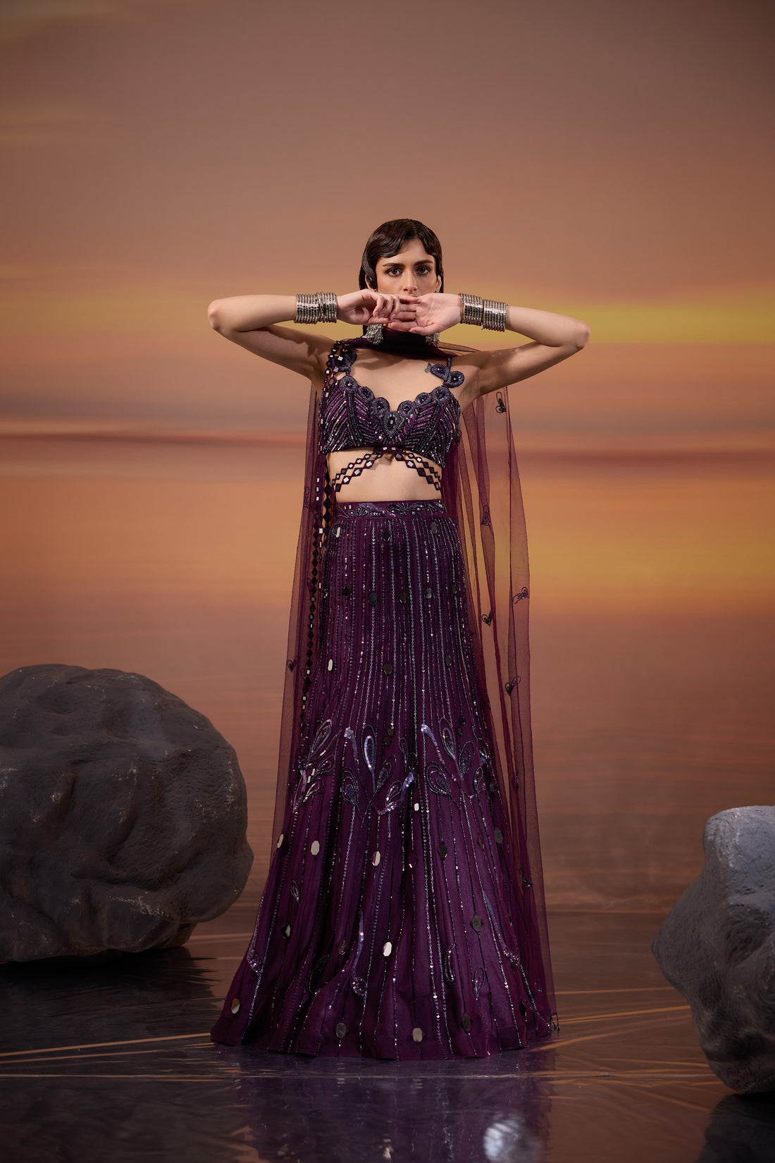 Dark Purple Heavy Mirror & Bead Embellished Tulle Bridal Lehenga for Sangeet