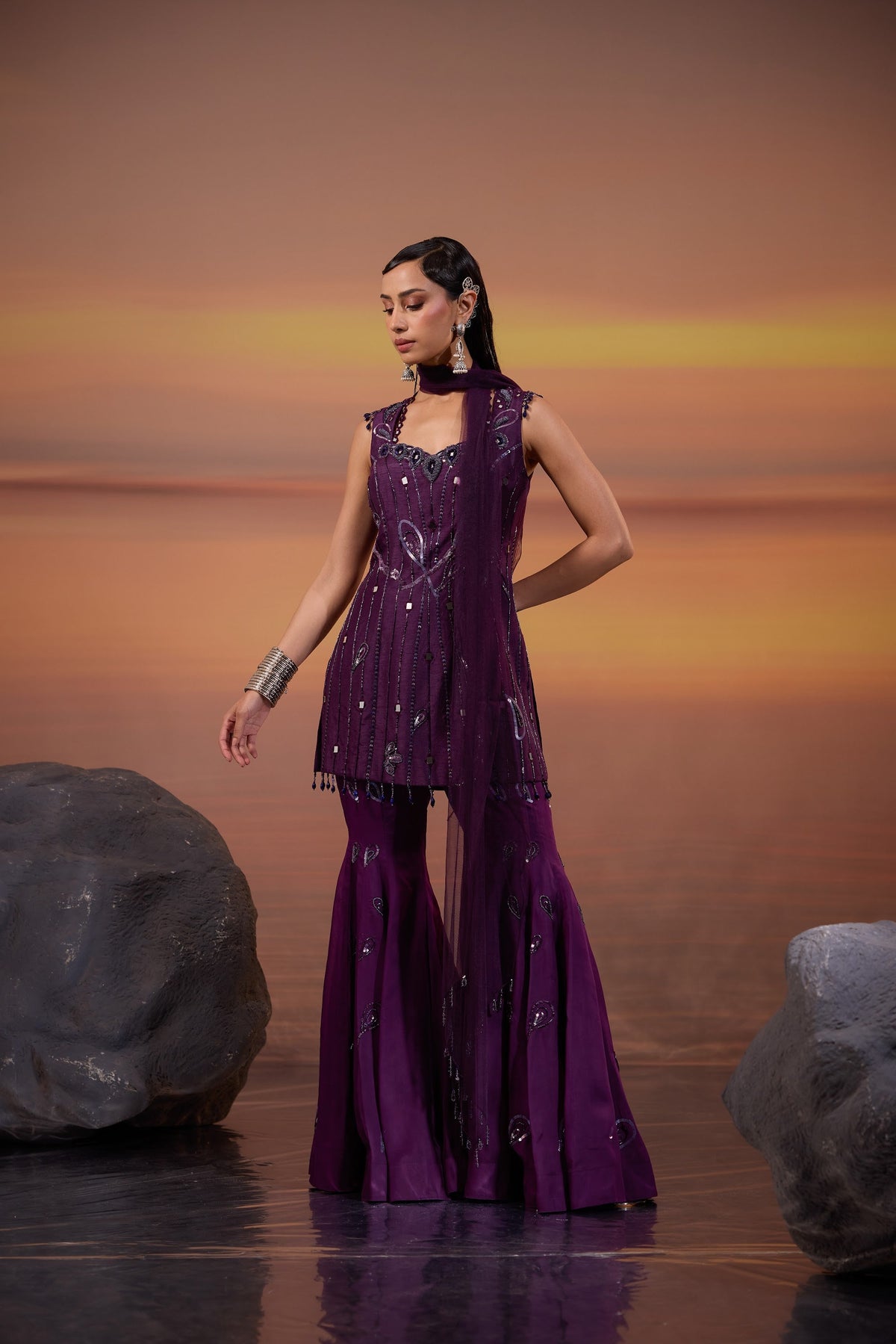 Dark Purple Sequins Embellished Dola Silk Sangeet Sharara Set