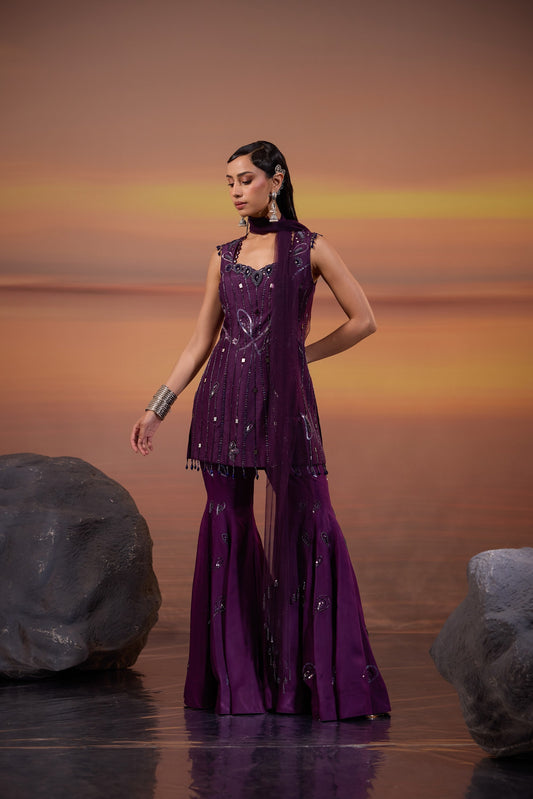 Dark Purple Sequins Embellished Dola Silk Sangeet Sharara Set