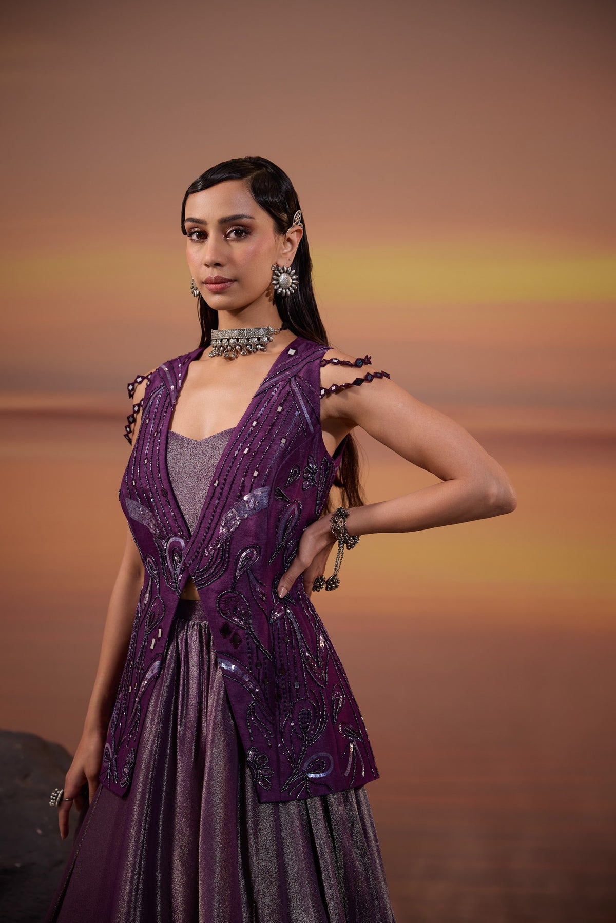 Dark Purple Sequins Embellished Jacket with Tissue Lehenga Set