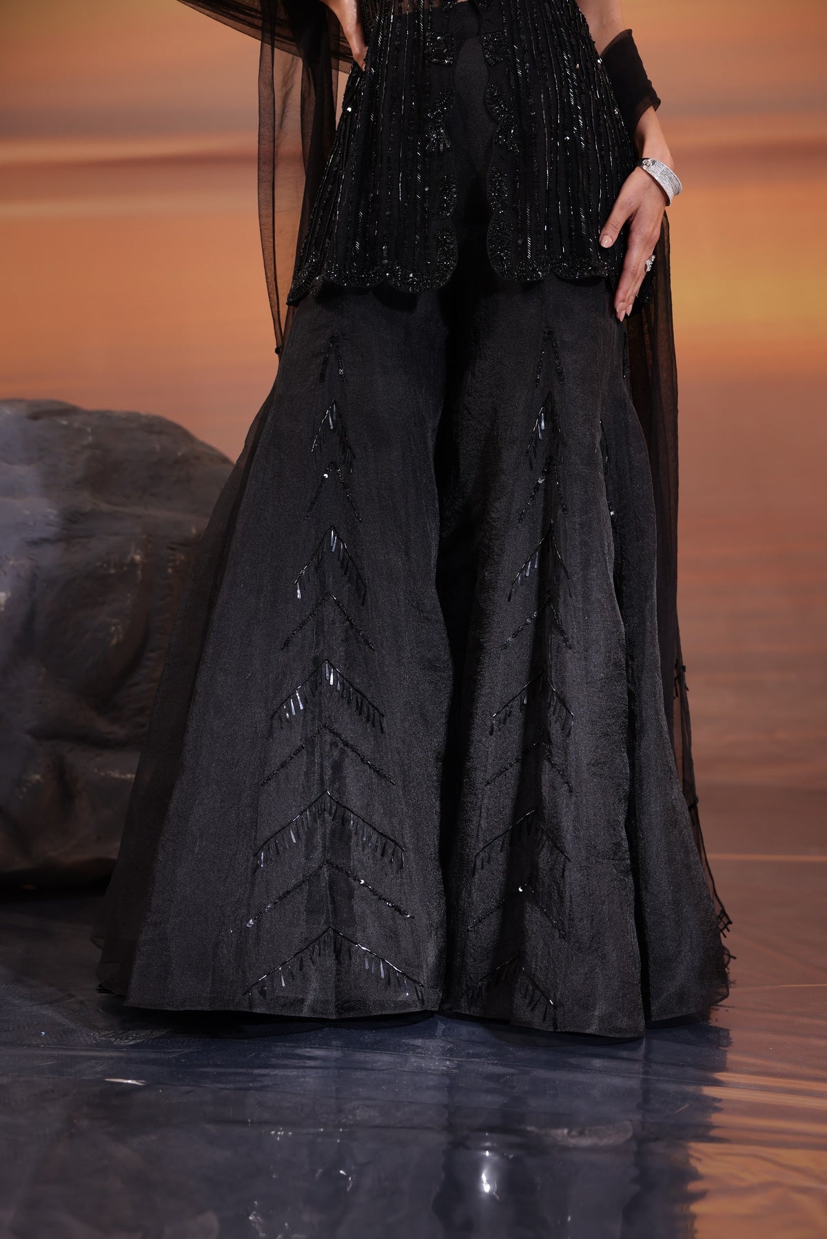 Black Embellished Dola Silk Party Wear Sharara Set