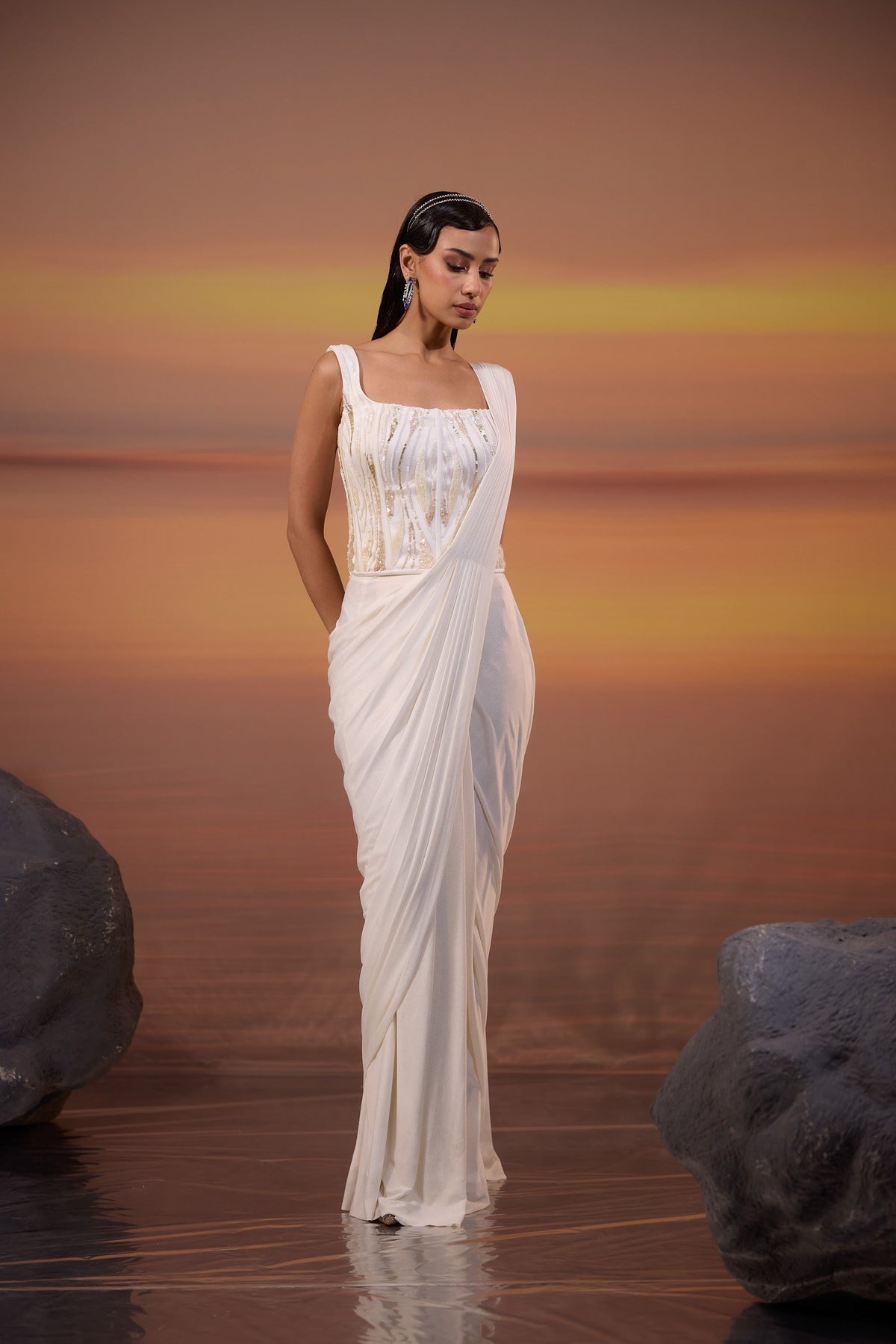 Ivory White Embroidered Drape Saree Set