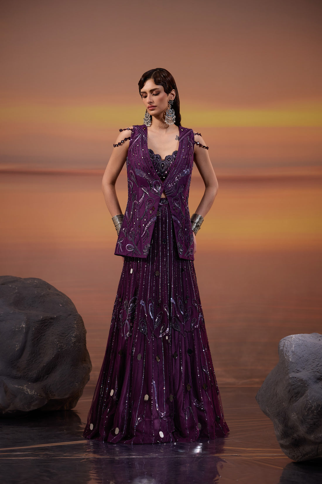 Dark Purple Hand Embroidered & Beads Embellished Dola Silk Jacket with Tulle Lehenga