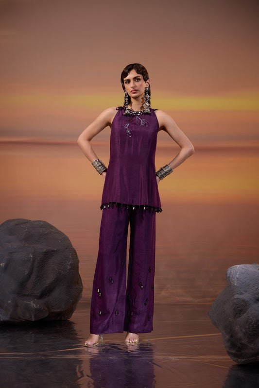 Dark Purple Embellished Dola Silk Festive Co-Ord Set