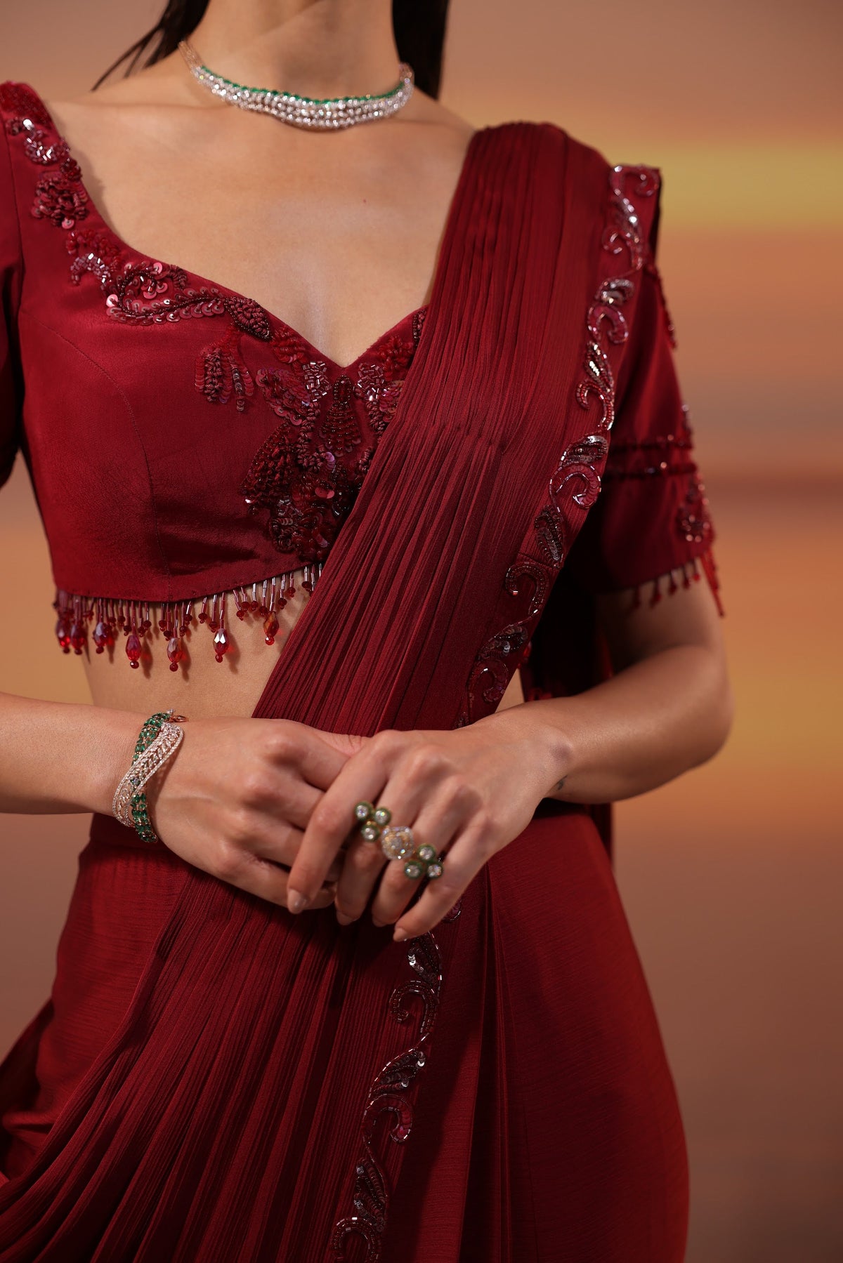 Dark Maroon Sequins Embroidered Chiffon Satin Party Wear Drape Saree Set